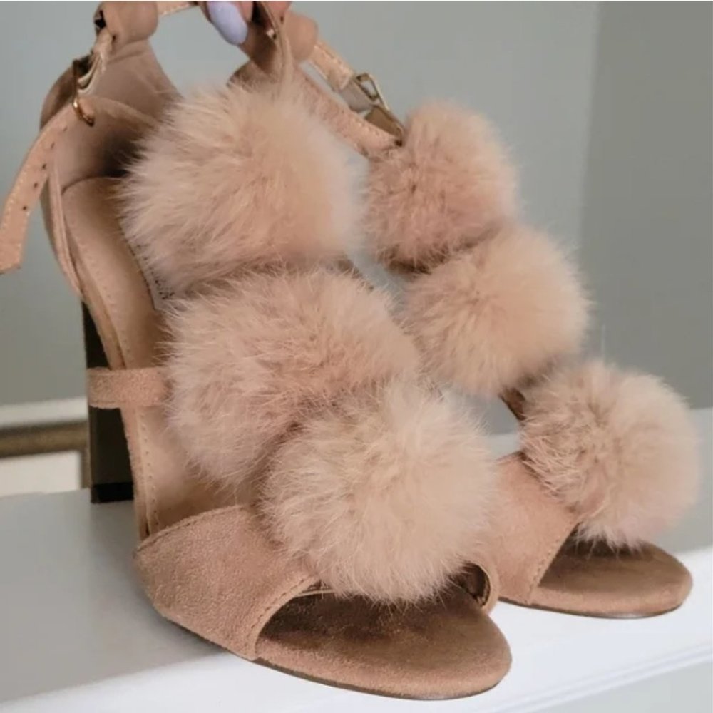 Pale Pink Suede and Fur Pom Pom Strappy High Heel Sandles 🌸